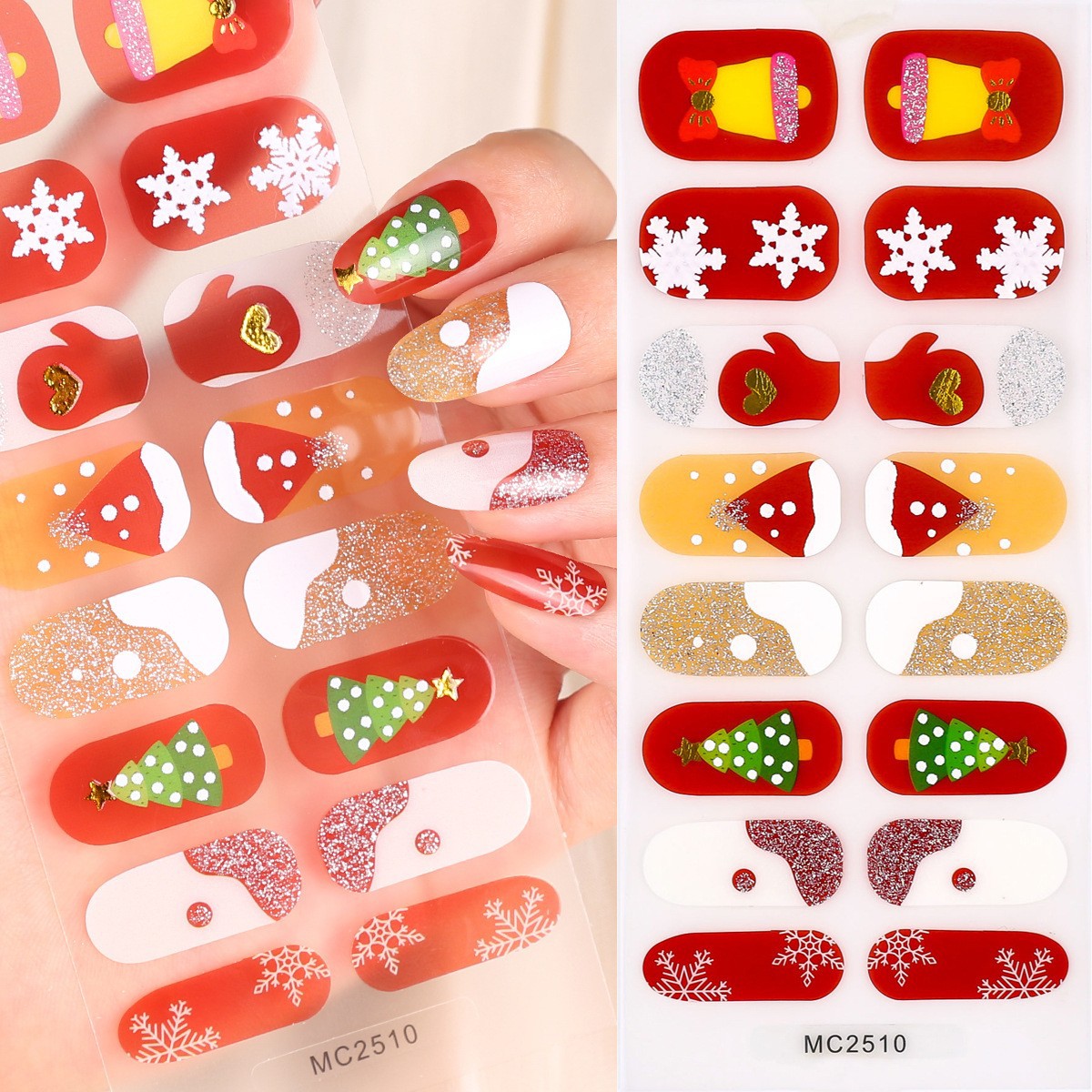 16-Finger French Christmas No-Bake Gel Nail Stickers Self-Adhesive Nail Polish Film Manicure Decals