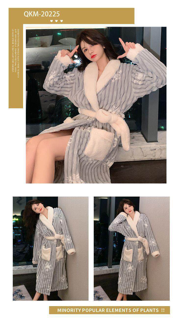Women's Thickened Coral Fleece Long Robe with Cartoon Pattern Autumn Winter Cozy Nightgown