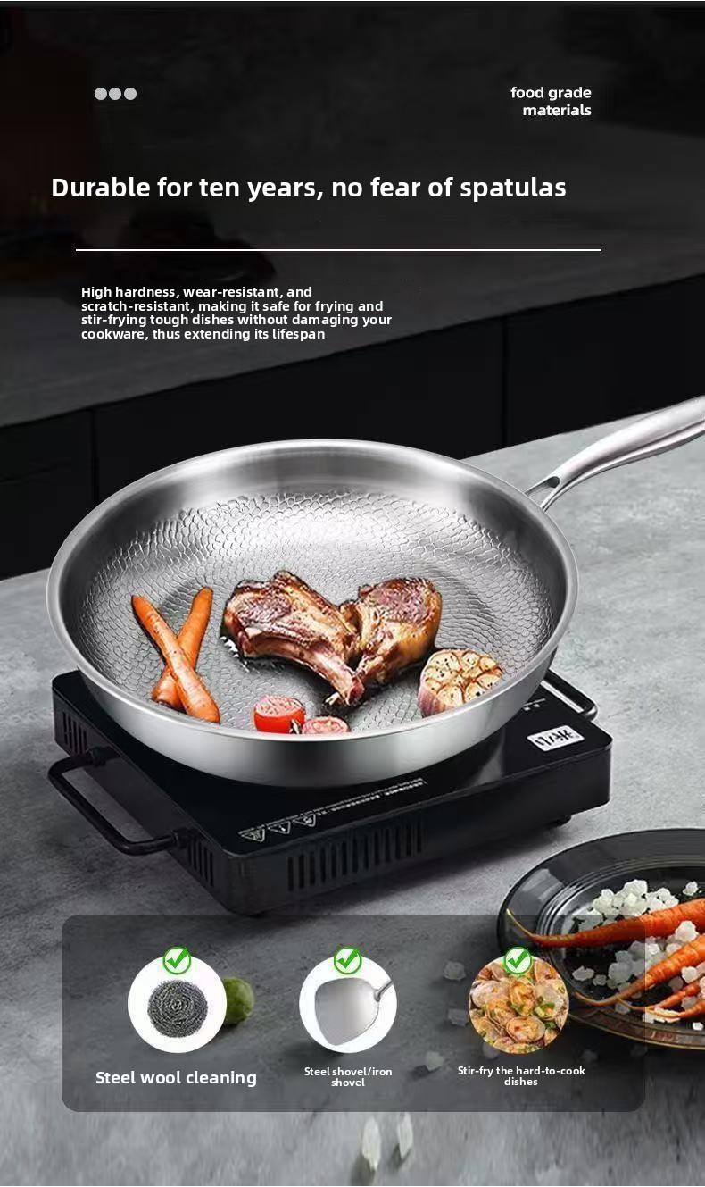 304 Stainless Steel Frying Pan with Gold-Tone Handle