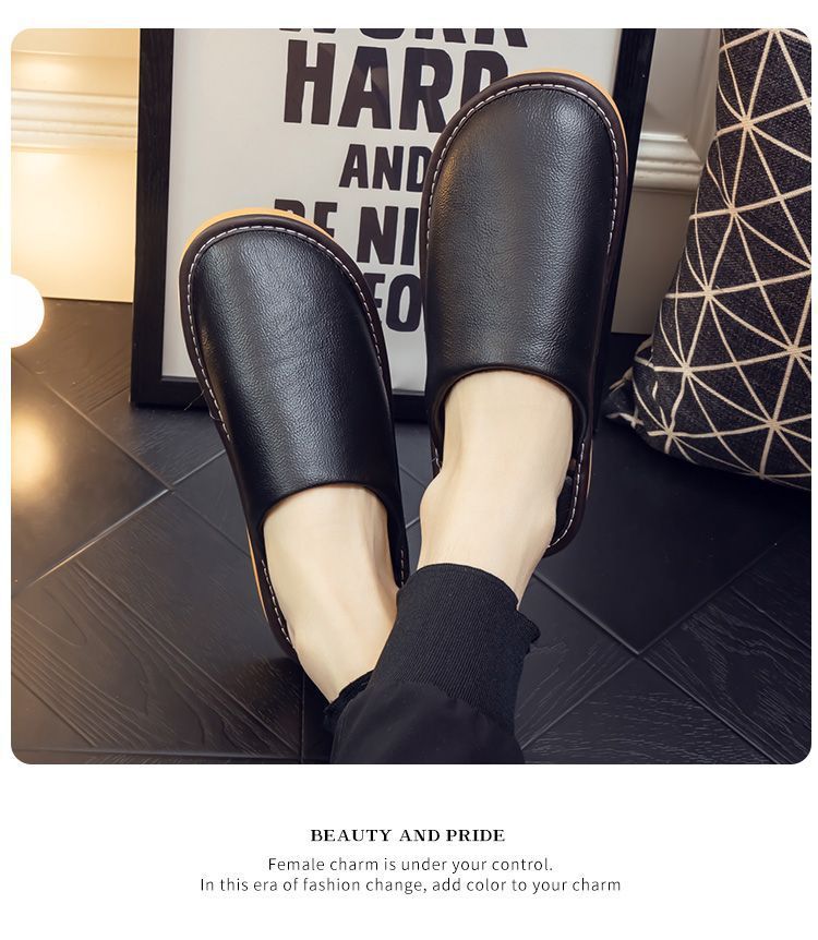 Genuine Leather Plush Lined Non-Slip Thick Sole Closed Toe Indoor Home Slippers for Men Women Winter Warm House Shoes