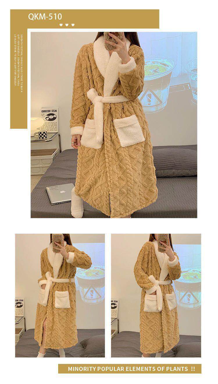 Women's Thickened Coral Fleece Long Robe with Cartoon Pattern Autumn Winter Cozy Nightgown