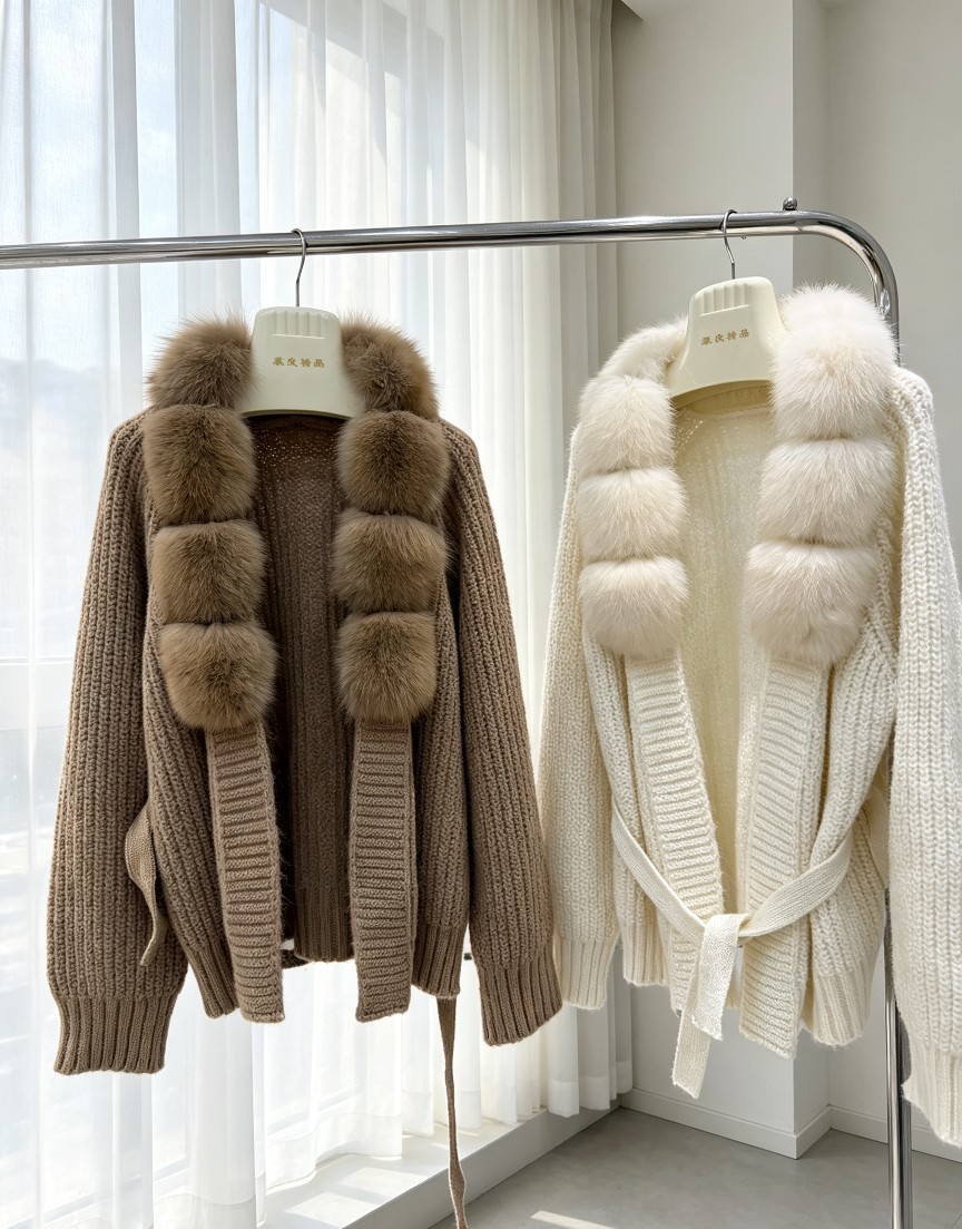 Women's Detachable Fox Fur Collar Knitted Fur Coat