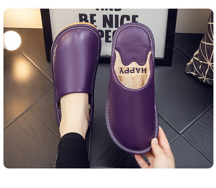 Genuine Leather Plush Lined Non-Slip Thick Sole Closed Toe Indoor Home Slippers for Men Women Winter Warm House Shoes