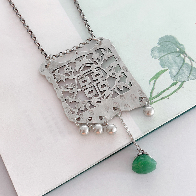 925 Silver Plated Double Happiness Pendant Tassel Long Sweater Chain