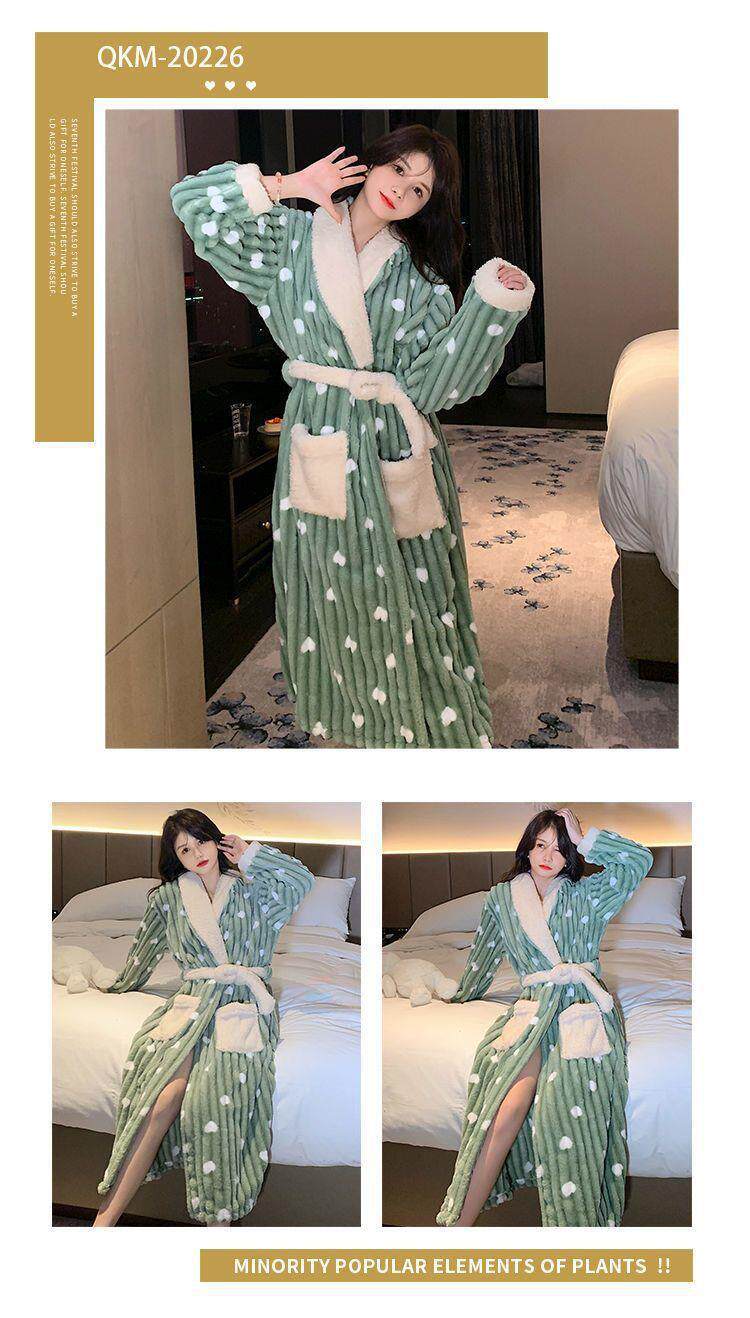 Women's Thickened Coral Fleece Long Robe with Cartoon Pattern Autumn Winter Cozy Nightgown