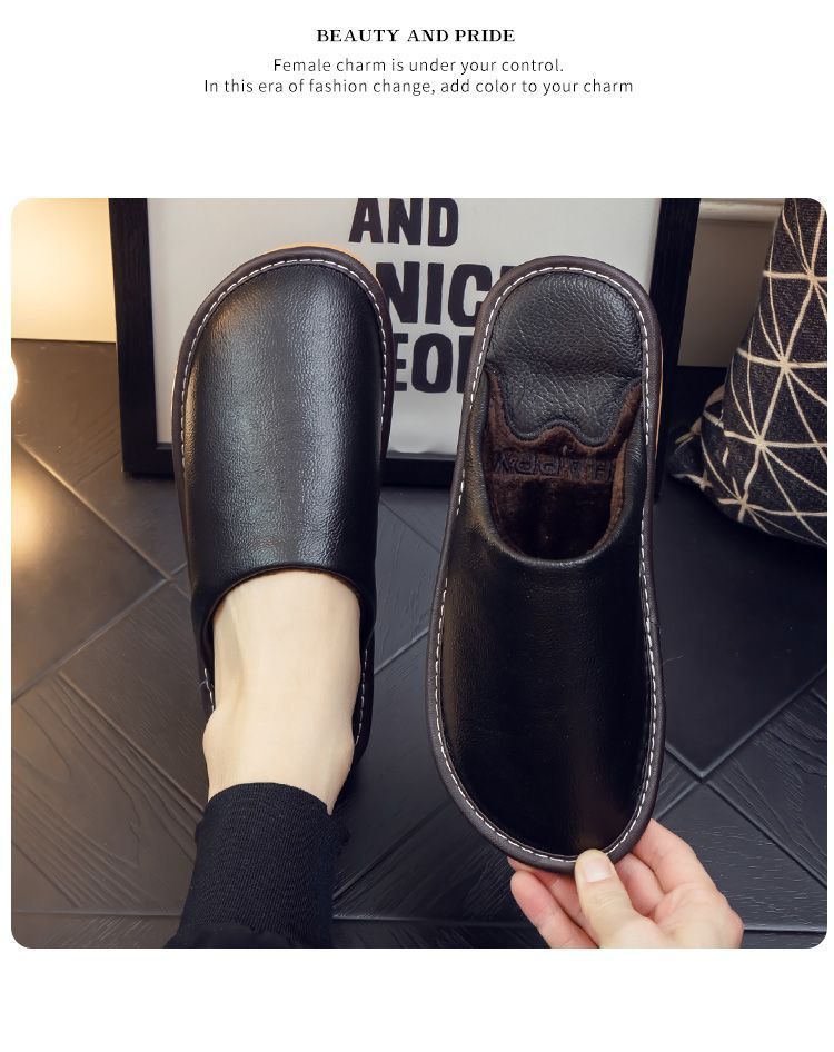 Genuine Leather Plush Lined Non-Slip Thick Sole Closed Toe Indoor Home Slippers for Men Women Winter Warm House Shoes