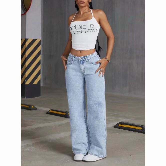 Women's retro textured wide-leg floor-length denim pants