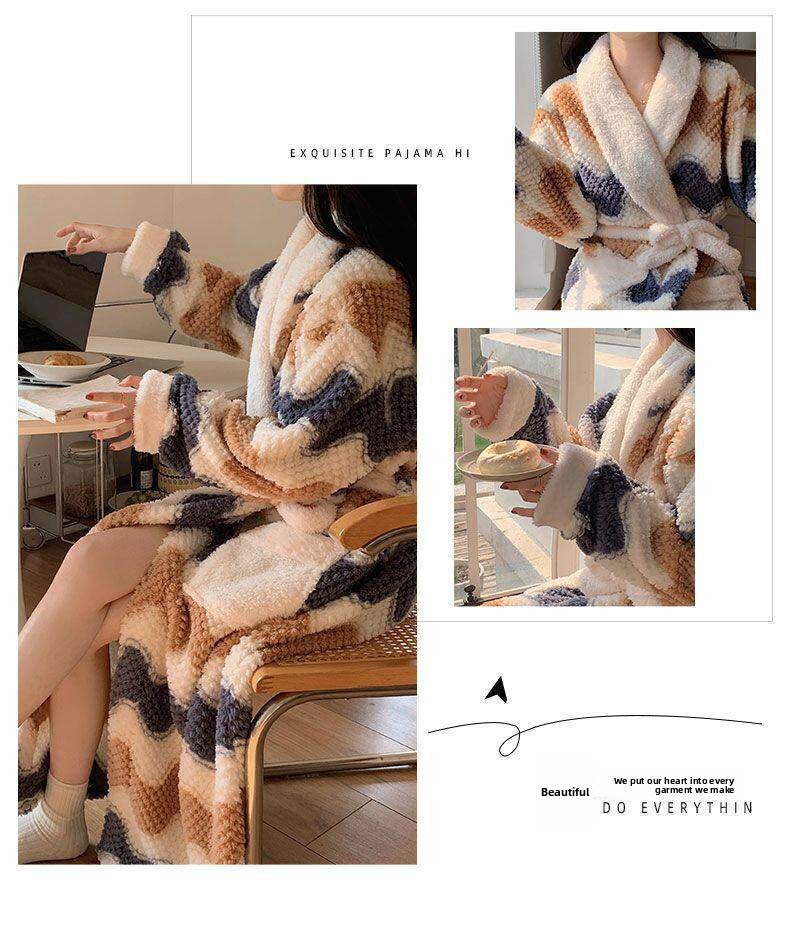 Women's Thickened Coral Fleece Long Robe with Cartoon Pattern Autumn Winter Cozy Nightgown