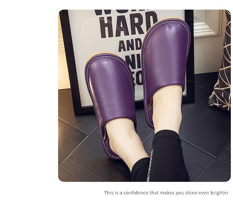 Genuine Leather Plush Lined Non-Slip Thick Sole Closed Toe Indoor Home Slippers for Men Women Winter Warm House Shoes