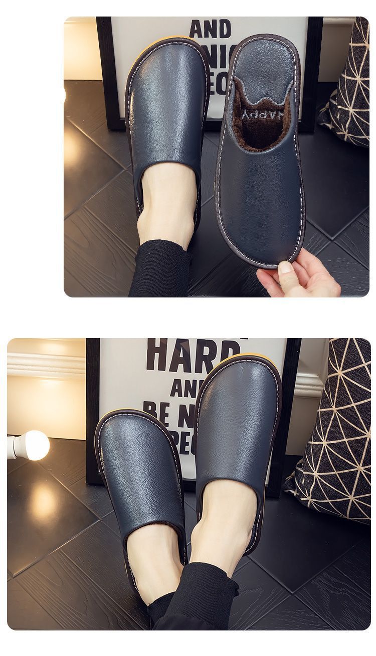 Genuine Leather Plush Lined Non-Slip Thick Sole Closed Toe Indoor Home Slippers for Men Women Winter Warm House Shoes