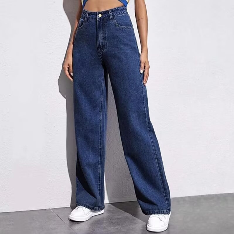 Women's retro textured wide-leg floor-length denim pants