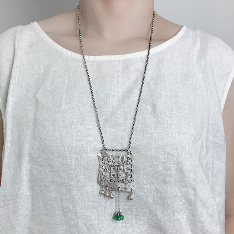 925 Silver Plated Double Happiness Pendant Tassel Long Sweater Chain