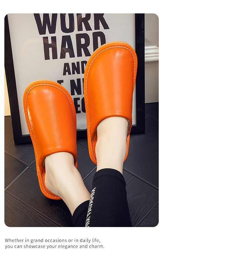 Genuine Leather Plush Lined Non-Slip Thick Sole Closed Toe Indoor Home Slippers for Men Women Winter Warm House Shoes