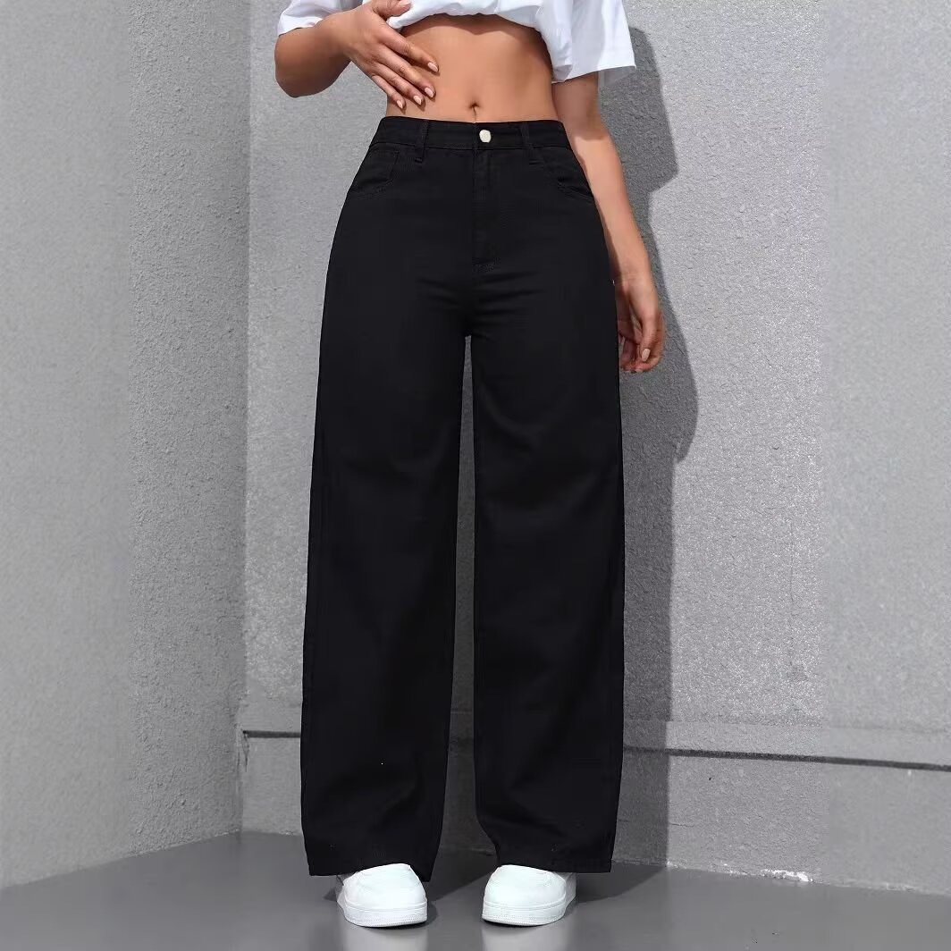 Women's retro textured wide-leg floor-length denim pants