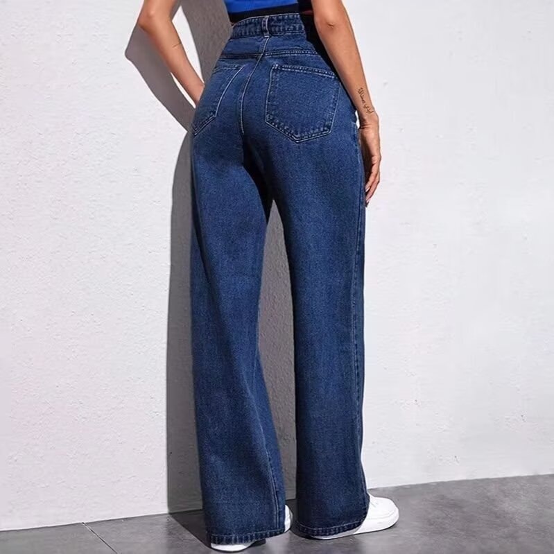 Women's retro textured wide-leg floor-length denim pants
