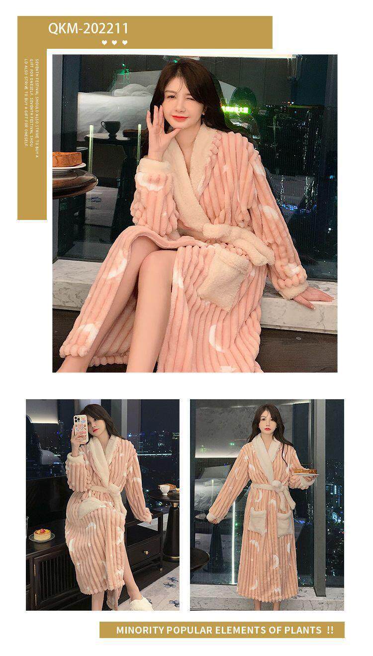 Women's Thickened Coral Fleece Long Robe with Cartoon Pattern Autumn Winter Cozy Nightgown