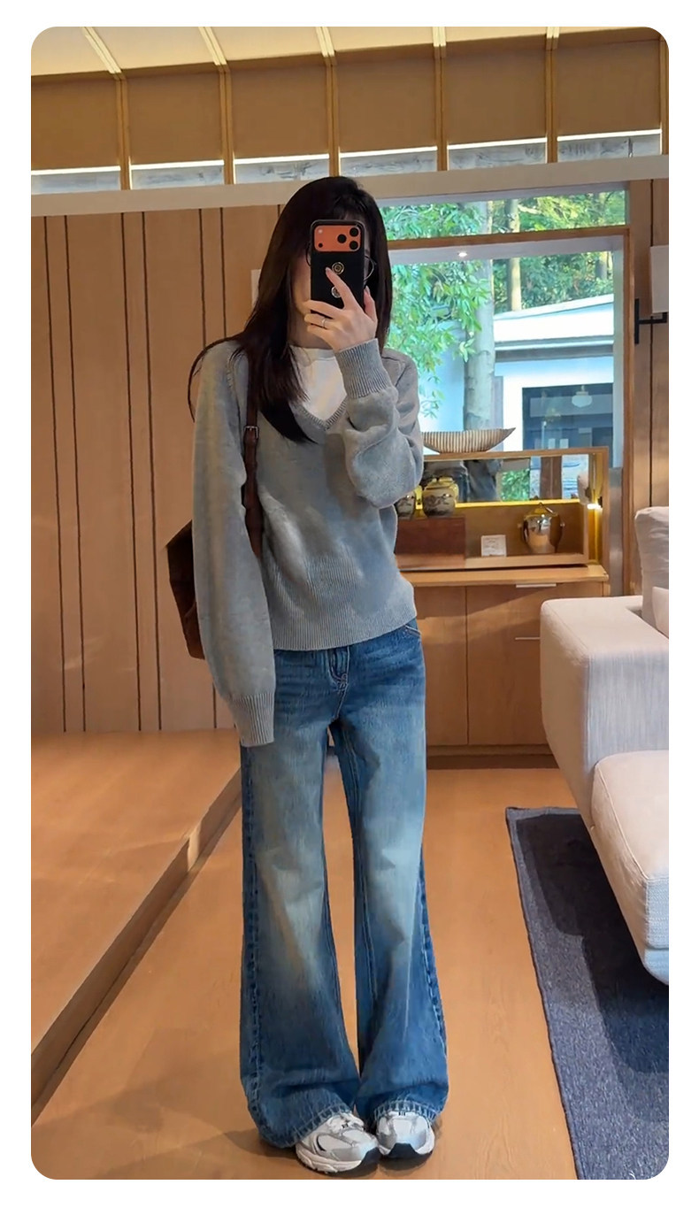 Women's high-waisted slim-fitting wide-leg denim pants