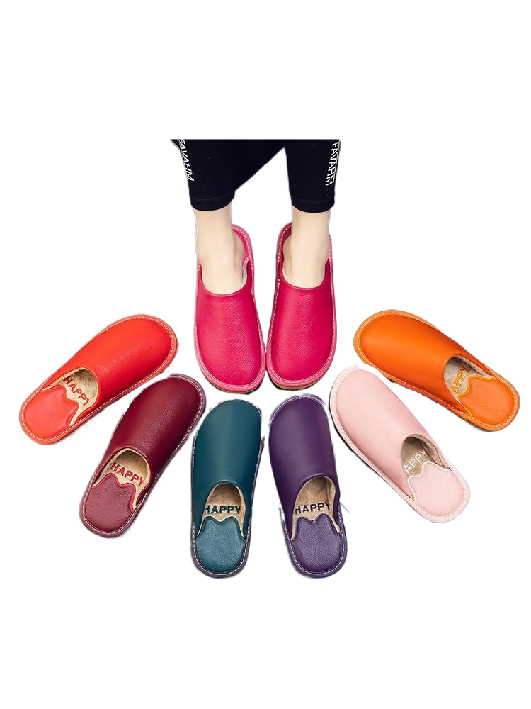 Genuine Leather Plush Lined Non-Slip Thick Sole Closed Toe Indoor Home Slippers for Men Women Winter Warm House Shoes