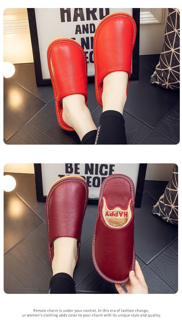 Genuine Leather Plush Lined Non-Slip Thick Sole Closed Toe Indoor Home Slippers for Men Women Winter Warm House Shoes