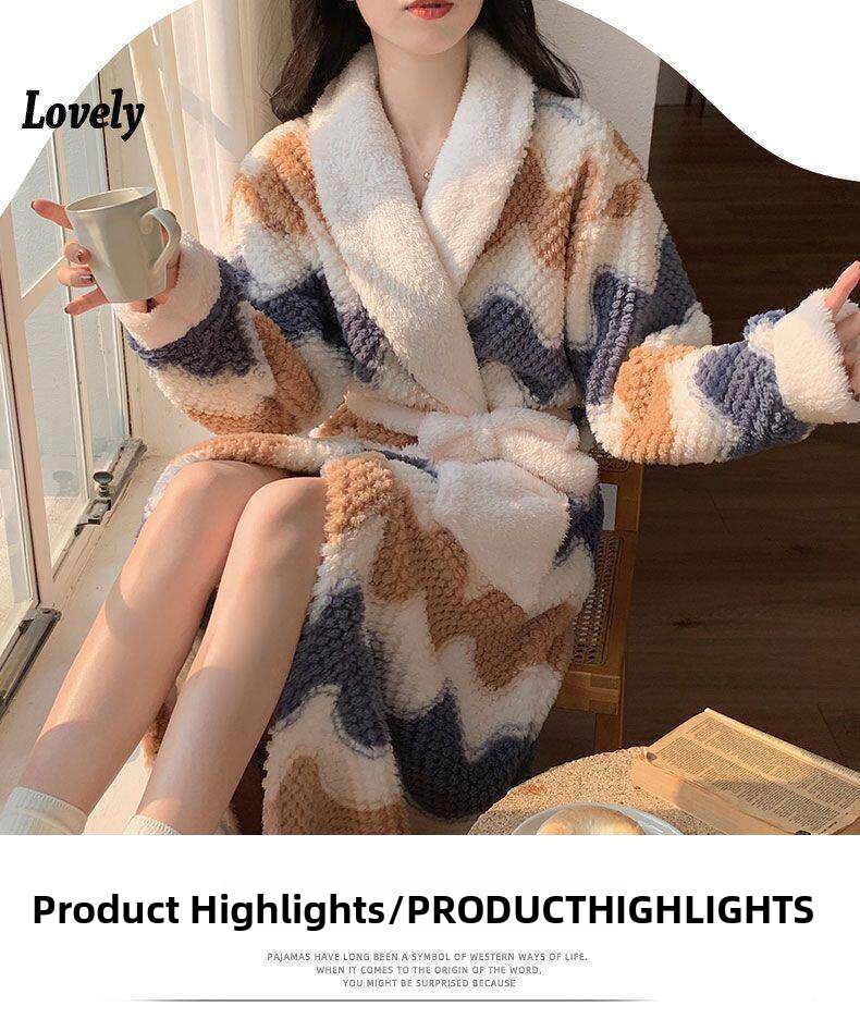 Women's Thickened Coral Fleece Long Robe with Cartoon Pattern Autumn Winter Cozy Nightgown