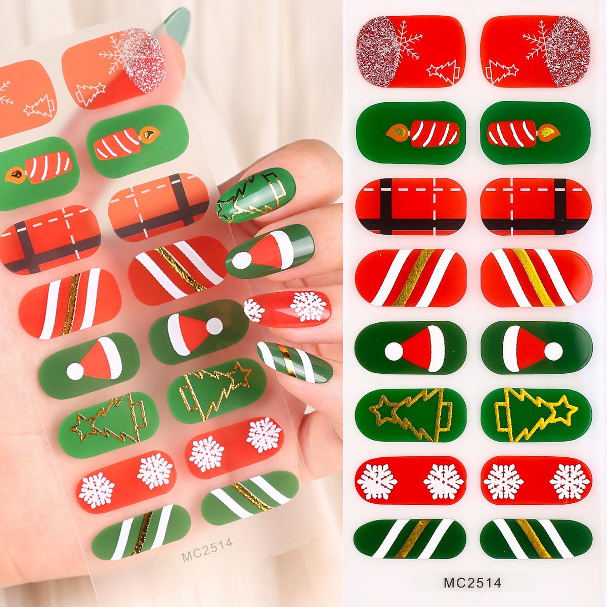 16-Finger French Christmas No-Bake Gel Nail Stickers Self-Adhesive Nail Polish Film Manicure Decals