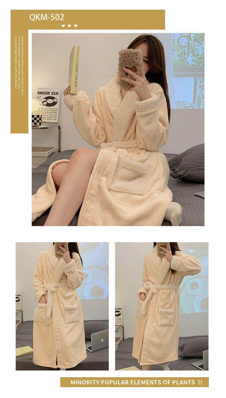 Women's Thickened Coral Fleece Long Robe with Cartoon Pattern Autumn Winter Cozy Nightgown