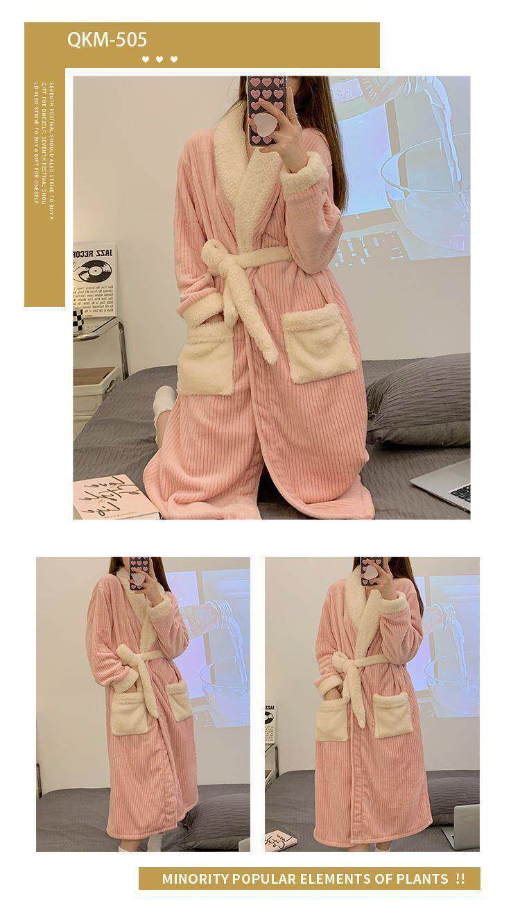 Women's Thickened Coral Fleece Long Robe with Cartoon Pattern Autumn Winter Cozy Nightgown