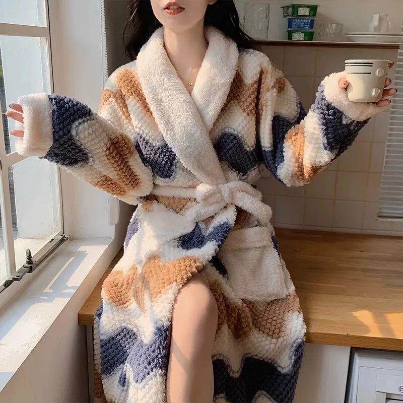 Women's Thickened Coral Fleece Long Robe with Cartoon Pattern Autumn Winter Cozy Nightgown