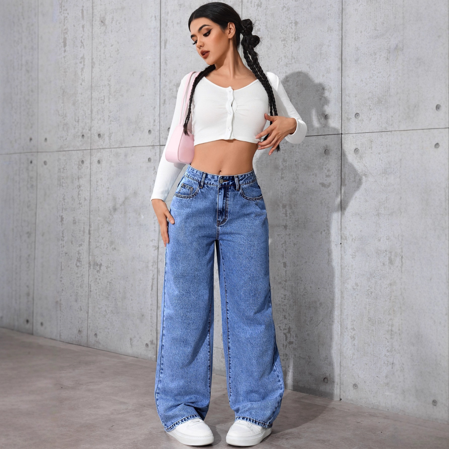 Women's retro textured wide-leg floor-length denim pants