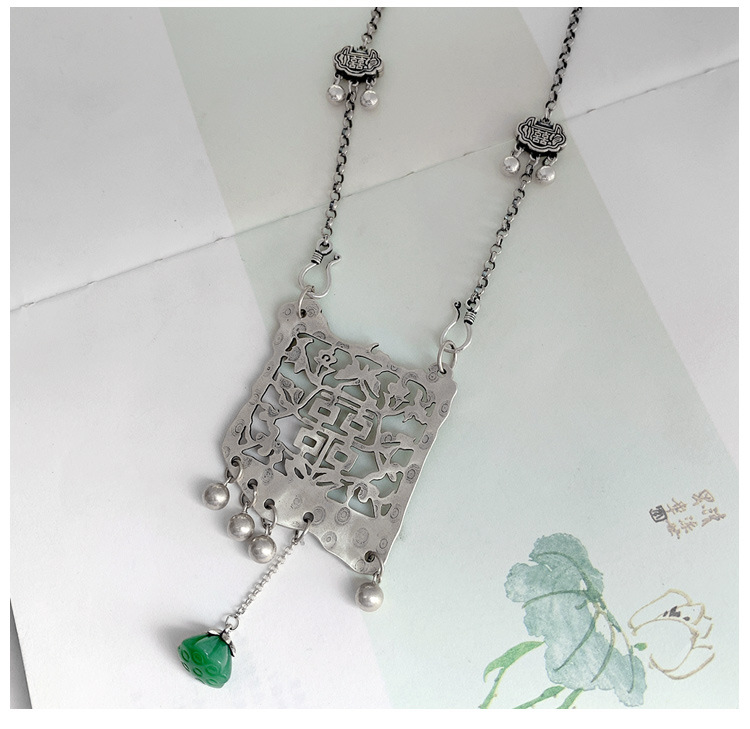 925 Silver Plated Double Happiness Pendant Tassel Long Sweater Chain
