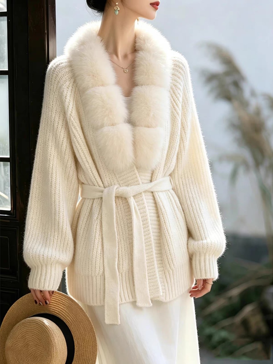 Women's Detachable Fox Fur Collar Knitted Fur Coat