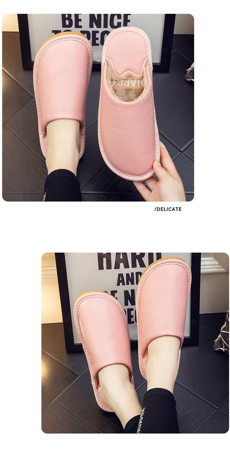 Genuine Leather Plush Lined Non-Slip Thick Sole Closed Toe Indoor Home Slippers for Men Women Winter Warm House Shoes