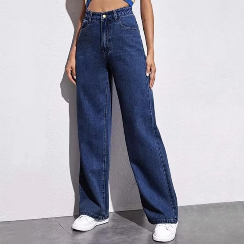Women's retro textured wide-leg floor-length denim pants