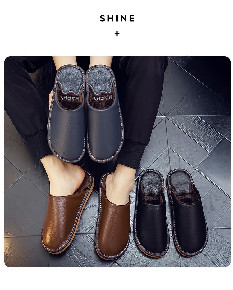 Genuine Leather Plush Lined Non-Slip Thick Sole Closed Toe Indoor Home Slippers for Men Women Winter Warm House Shoes