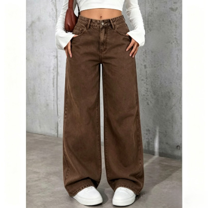 Women's retro textured wide-leg floor-length denim pants