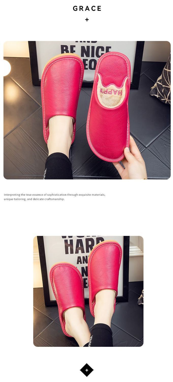 Genuine Leather Plush Lined Non-Slip Thick Sole Closed Toe Indoor Home Slippers for Men Women Winter Warm House Shoes