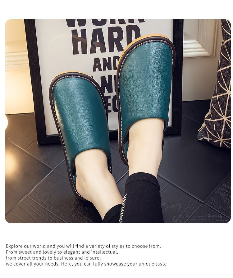 Genuine Leather Plush Lined Non-Slip Thick Sole Closed Toe Indoor Home Slippers for Men Women Winter Warm House Shoes