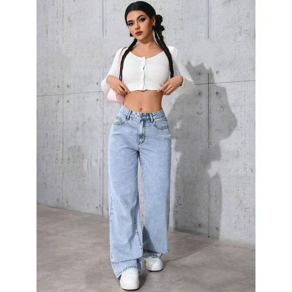 Women's retro textured wide-leg floor-length denim pants