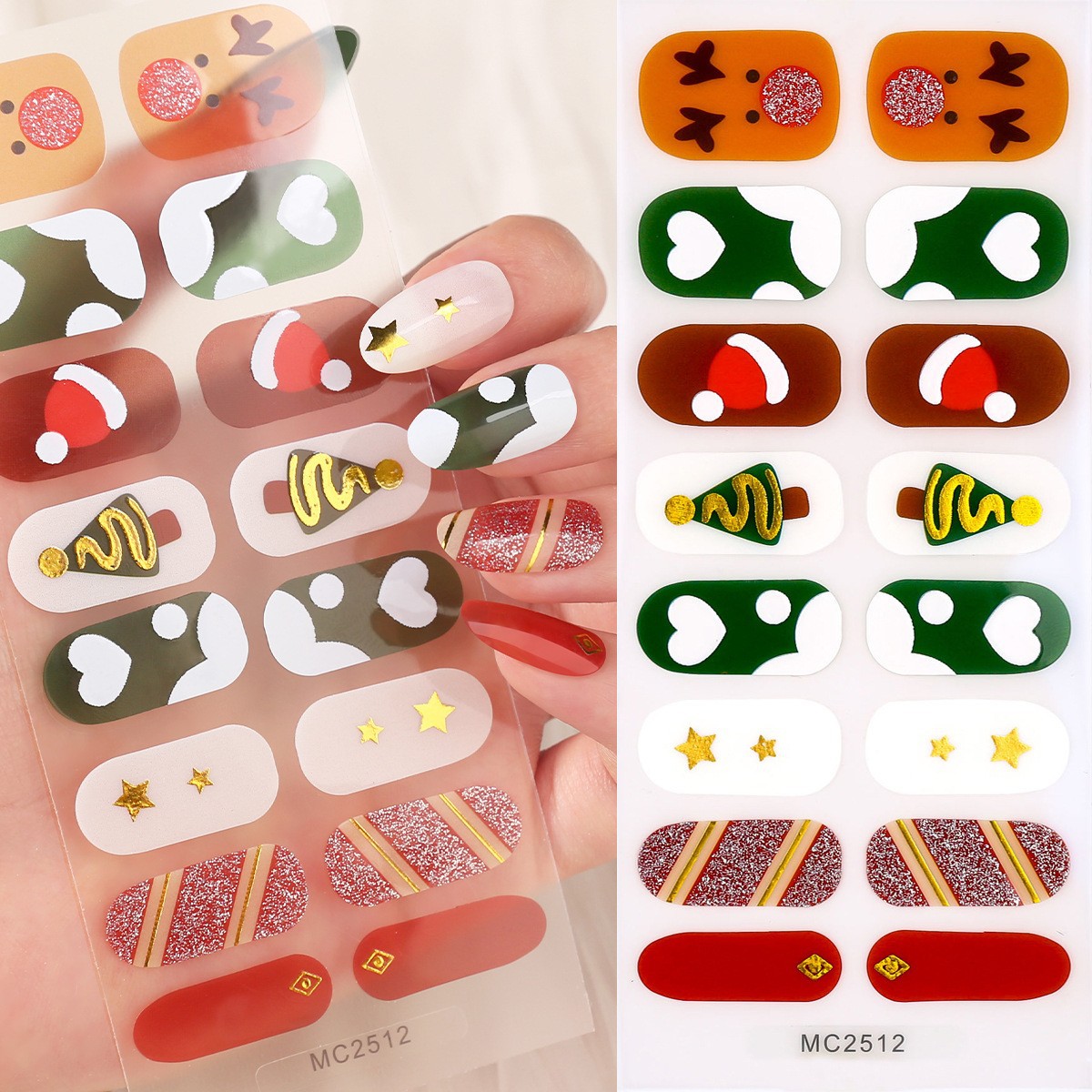 16-Finger French Christmas No-Bake Gel Nail Stickers Self-Adhesive Nail Polish Film Manicure Decals