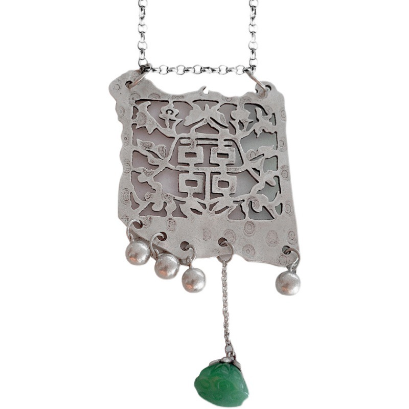 925 Silver Plated Double Happiness Pendant Tassel Long Sweater Chain