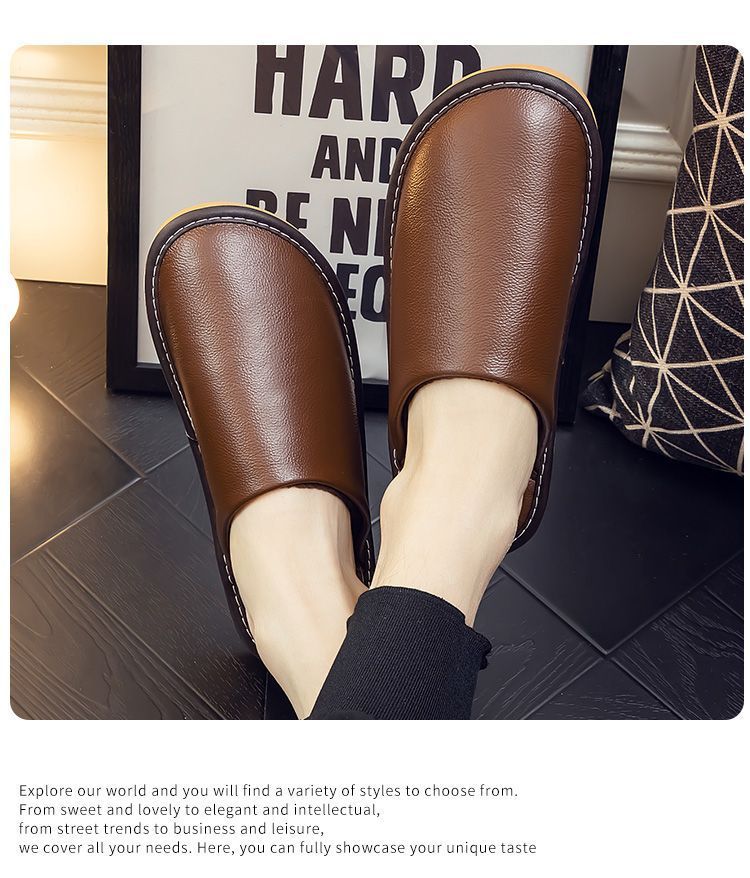 Genuine Leather Plush Lined Non-Slip Thick Sole Closed Toe Indoor Home Slippers for Men Women Winter Warm House Shoes