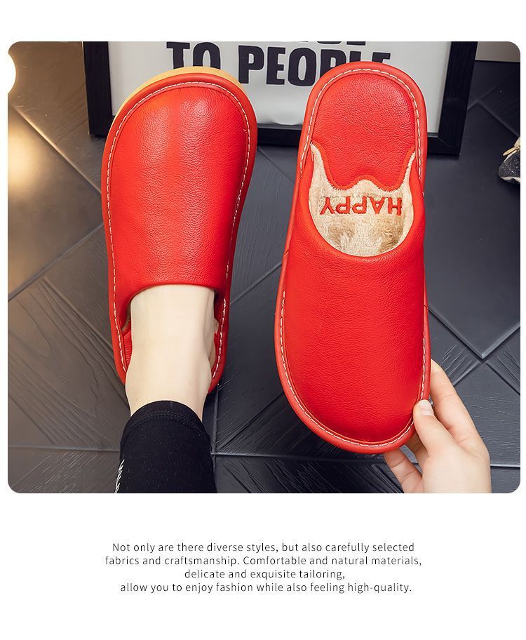 Genuine Leather Plush Lined Non-Slip Thick Sole Closed Toe Indoor Home Slippers for Men Women Winter Warm House Shoes