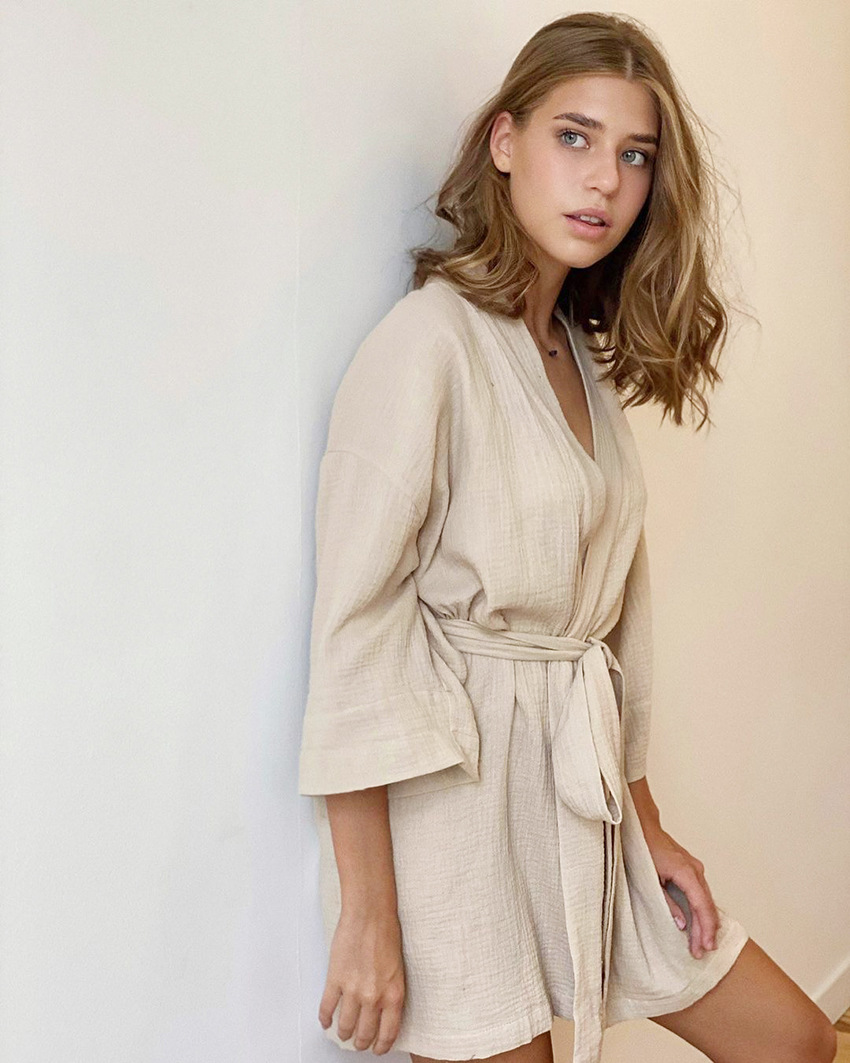 Women's pure cotton crepe short-sleeved V-neck nightgown