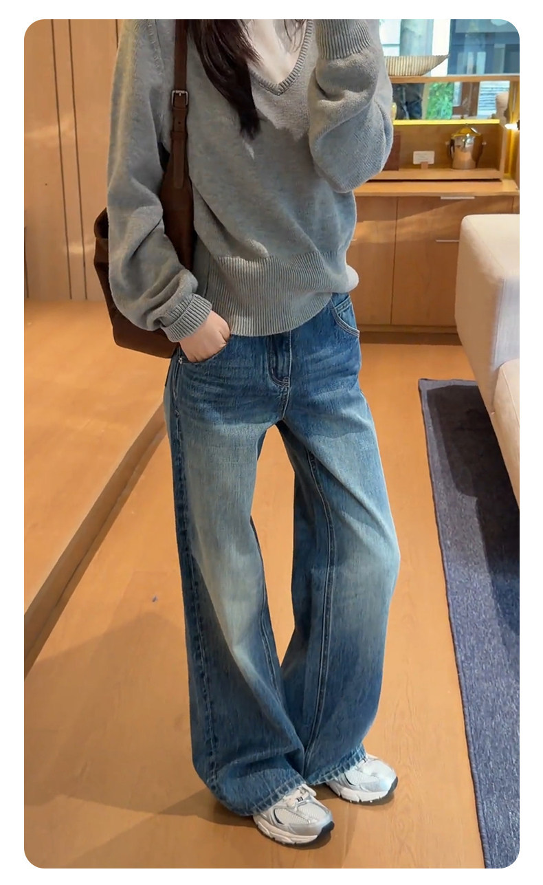 Women's high-waisted slim-fitting wide-leg denim pants