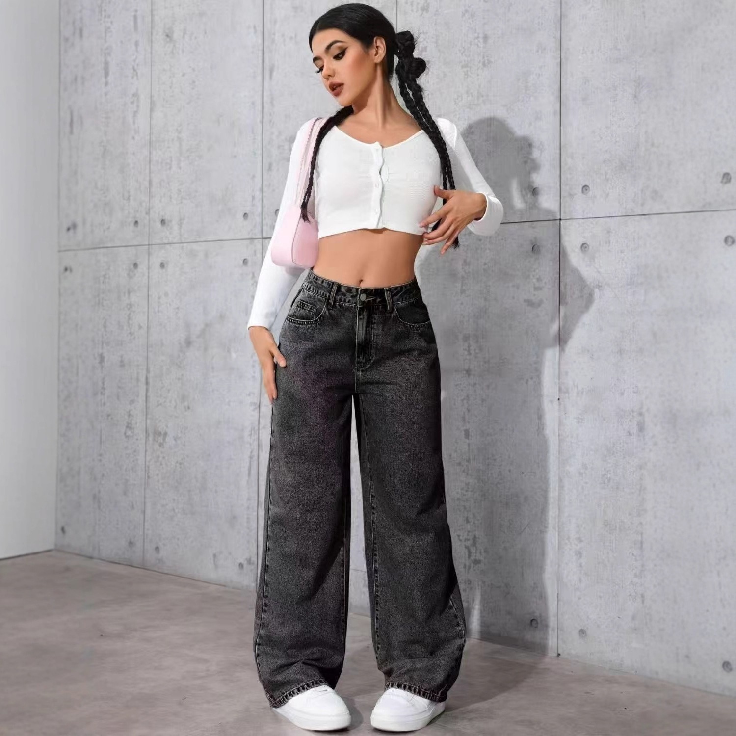 Women's retro textured wide-leg floor-length denim pants
