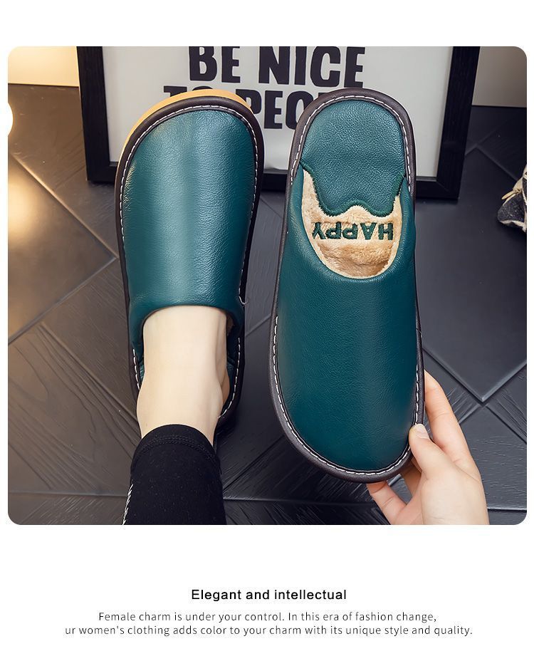 Genuine Leather Plush Lined Non-Slip Thick Sole Closed Toe Indoor Home Slippers for Men Women Winter Warm House Shoes