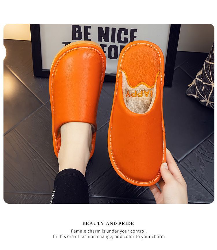 Genuine Leather Plush Lined Non-Slip Thick Sole Closed Toe Indoor Home Slippers for Men Women Winter Warm House Shoes