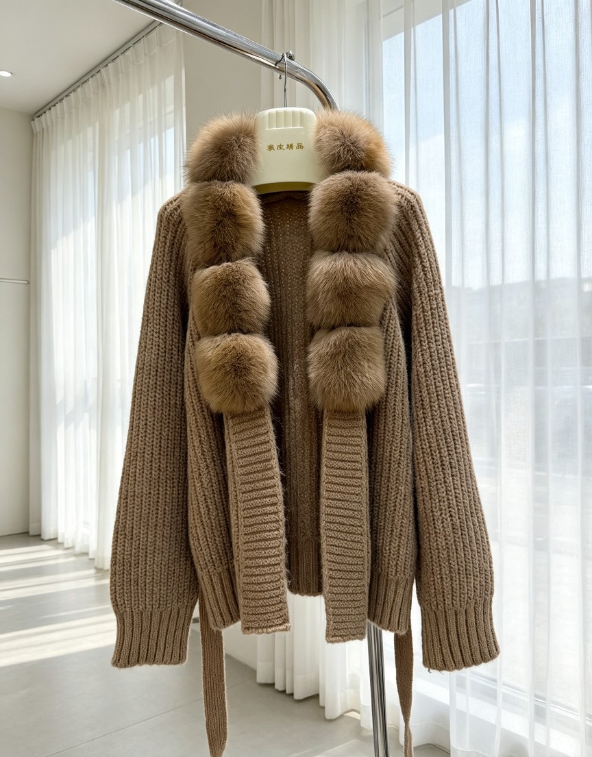 Women's Detachable Fox Fur Collar Knitted Fur Coat