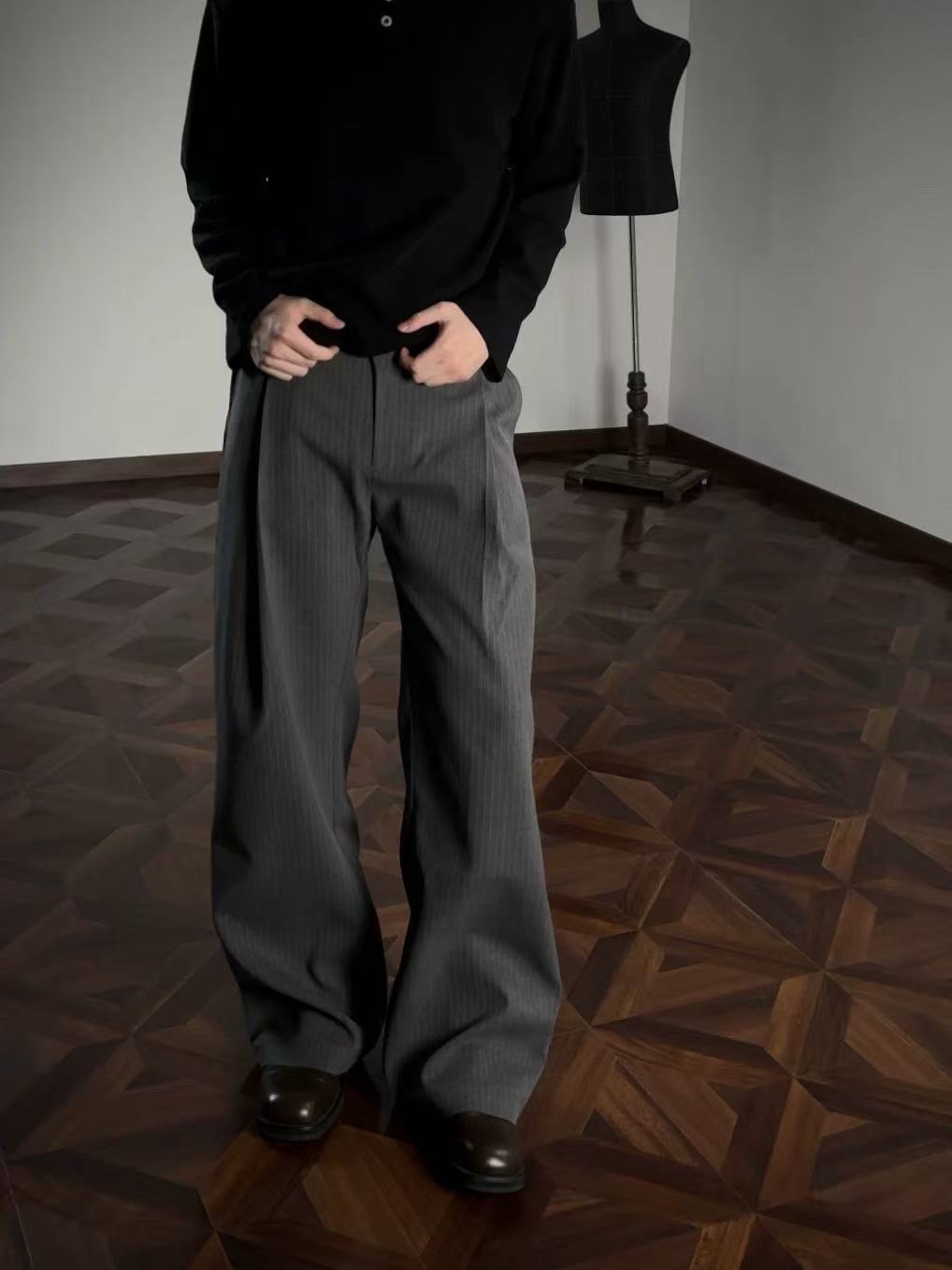 Striped loose-fitting stretchy straight-leg casual pants