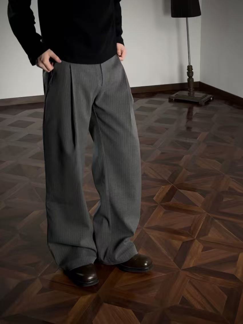 Striped loose-fitting stretchy straight-leg casual pants
